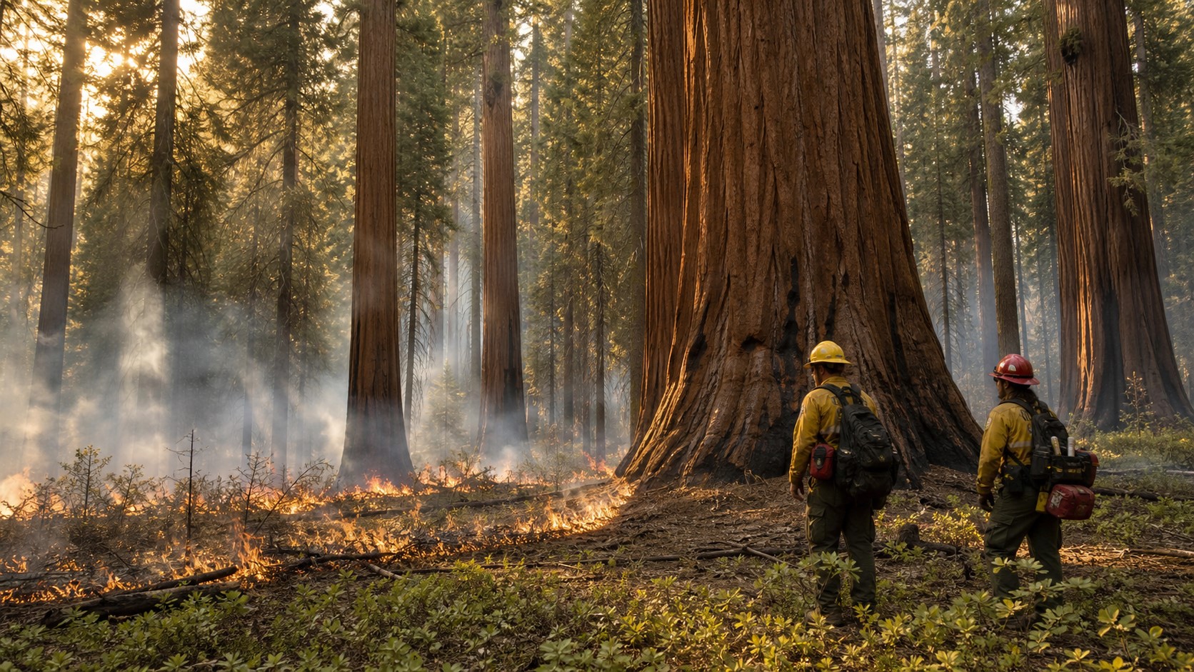 Fire practitioners monitor a low-intensity prescribed burn beneath healthy giant sequoias.