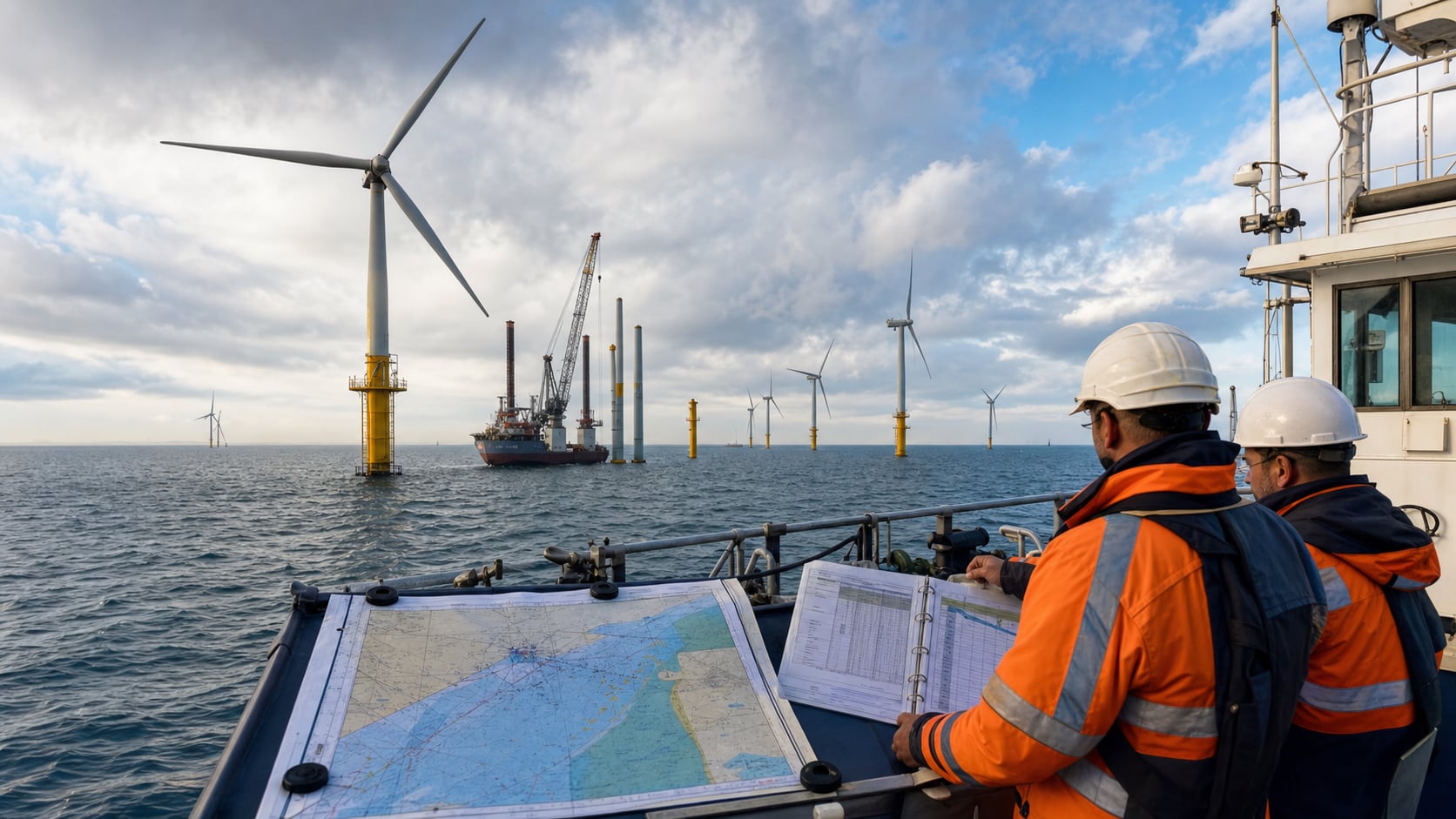 Offshore wind engineers review marine charts from a survey vessel near turbine foundations in the Belgian North Sea.