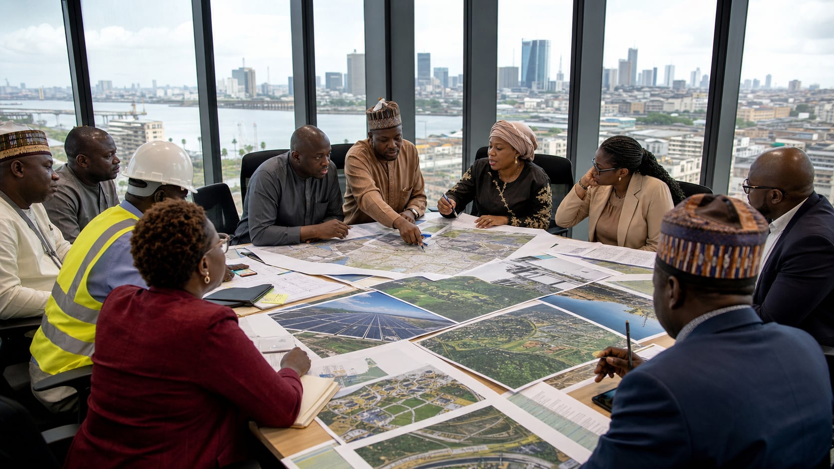 Nigerian planners, engineers, public officials, and finance professionals review climate-project maps overlooking Lagos.