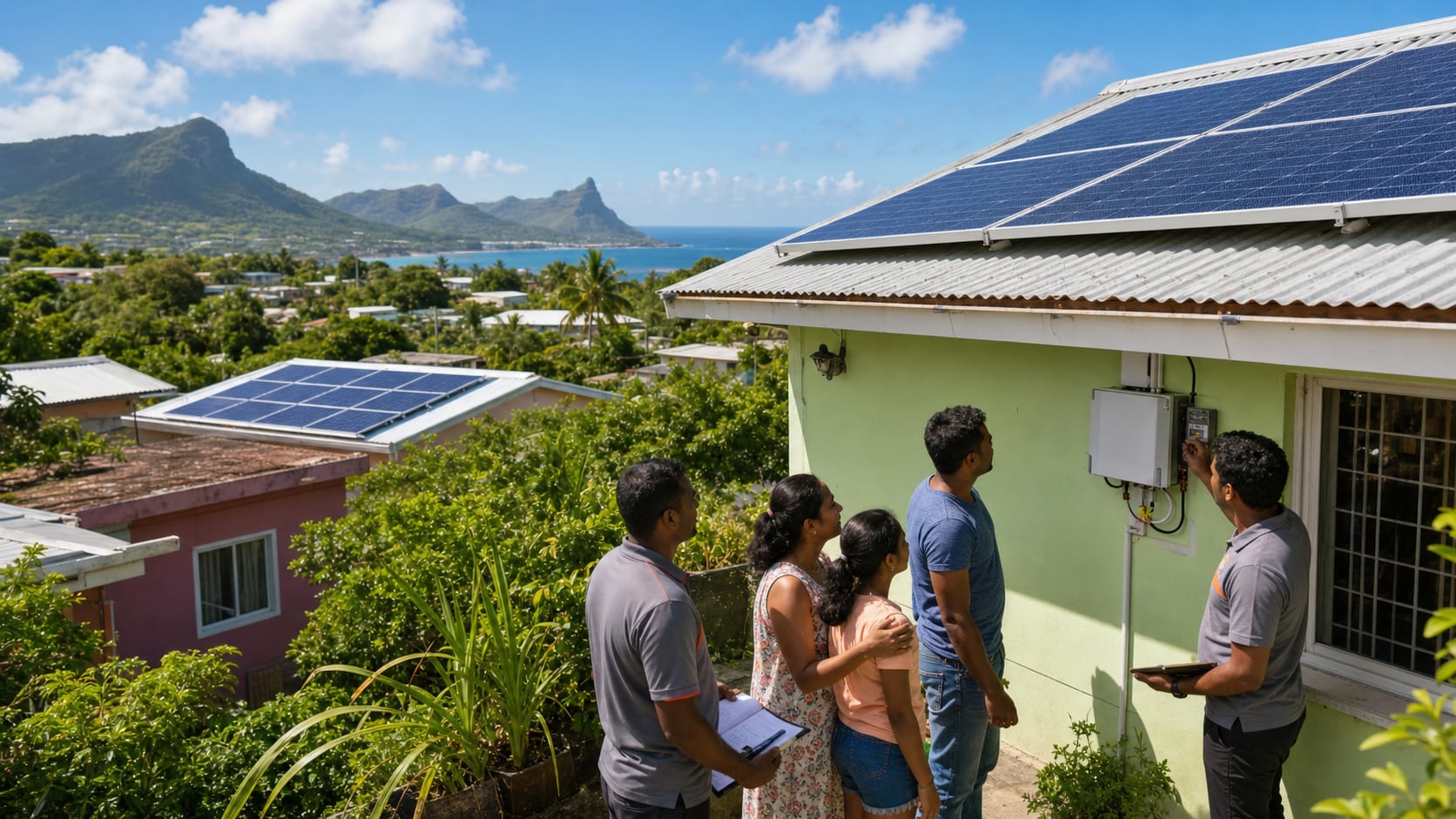 A Mauritian family and solar installers inspect a rooftop photovoltaic system in a coastal island neighborhood.