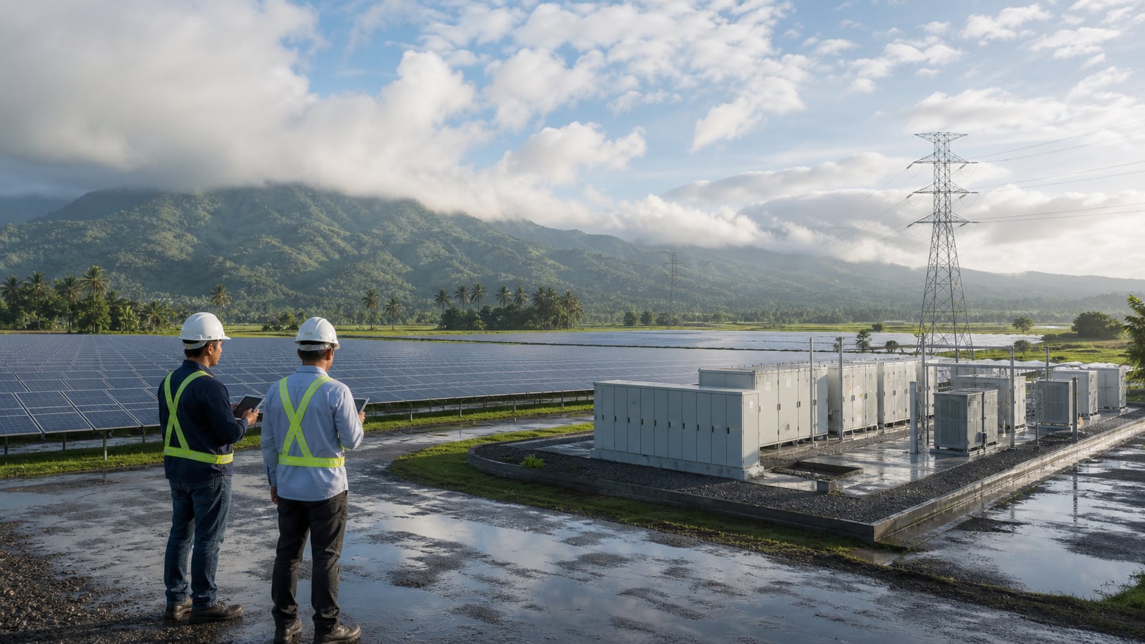 Engineers inspect a utility-scale solar array and battery facility in a green Mindanao valley after rain.
