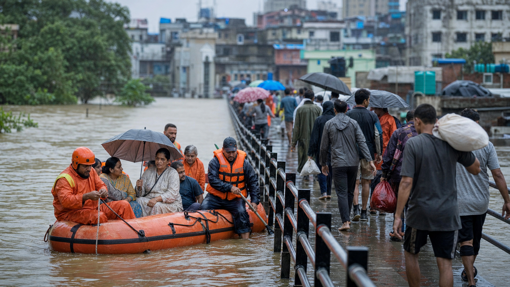 Emergency responders help residents move through a flooded Asian city neighborhood.