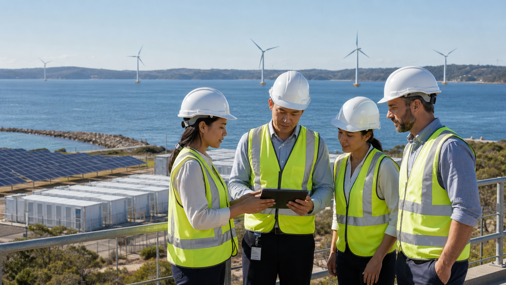 Engineers inspect a coastal clean-energy system with solar panels, batteries, and offshore wind.