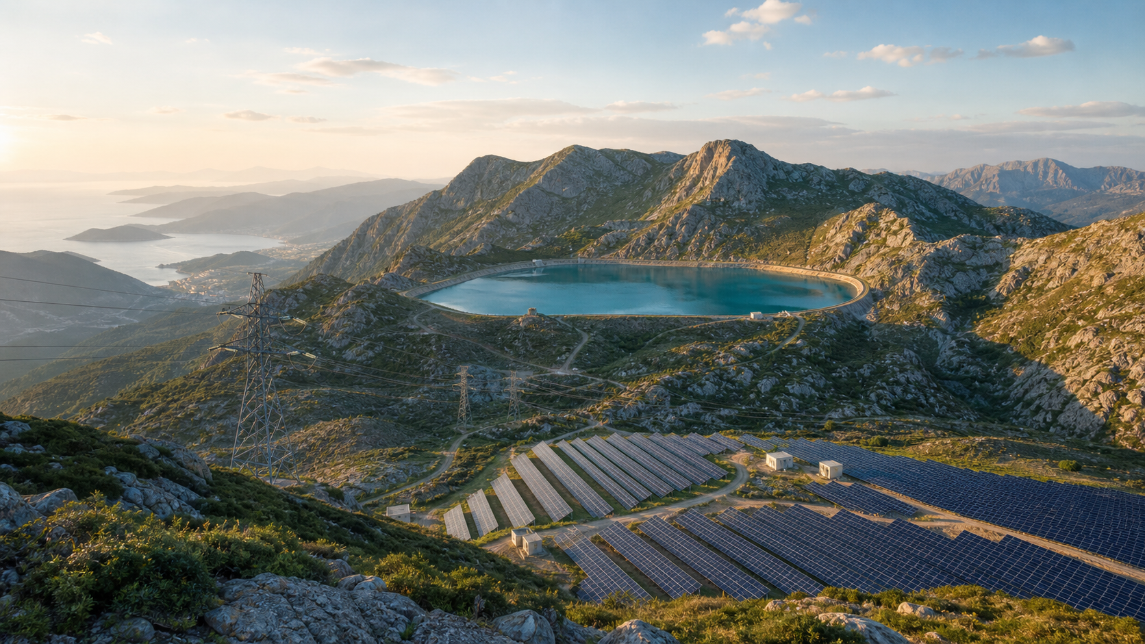 Solar arrays and a pumped-hydro reservoir sit among Montenegro's coastal mountains.