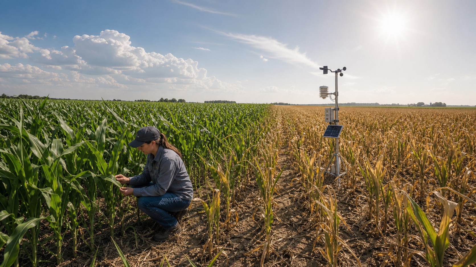 A crop scientist examines maize where a green field gives way to rapid drought stress.