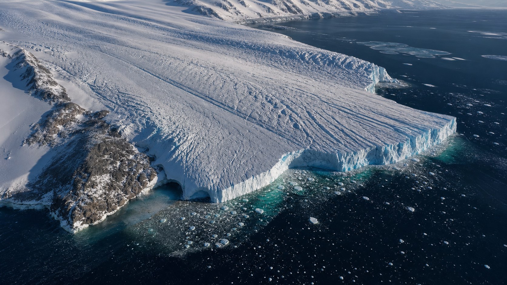 An Antarctic glacier and floating ice shelf meet the dark Amundsen Sea at a fractured calving front.
