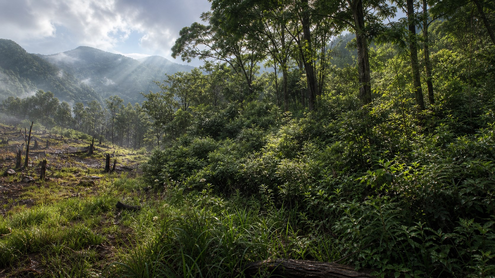A layered monsoon-region forest shows dense shrubs beside a more open, stressed landscape.