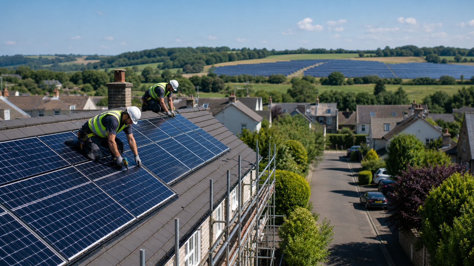Solar installers work on British rooftops with a ground-mounted solar farm visible beyond the neighborhood.