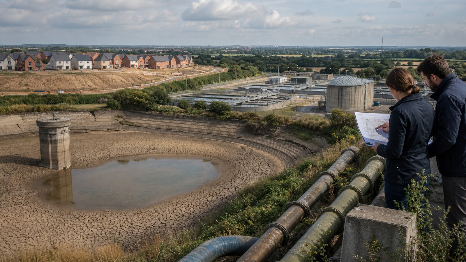 Planners overlook a depleted reservoir, water infrastructure, and new housing in southern England.