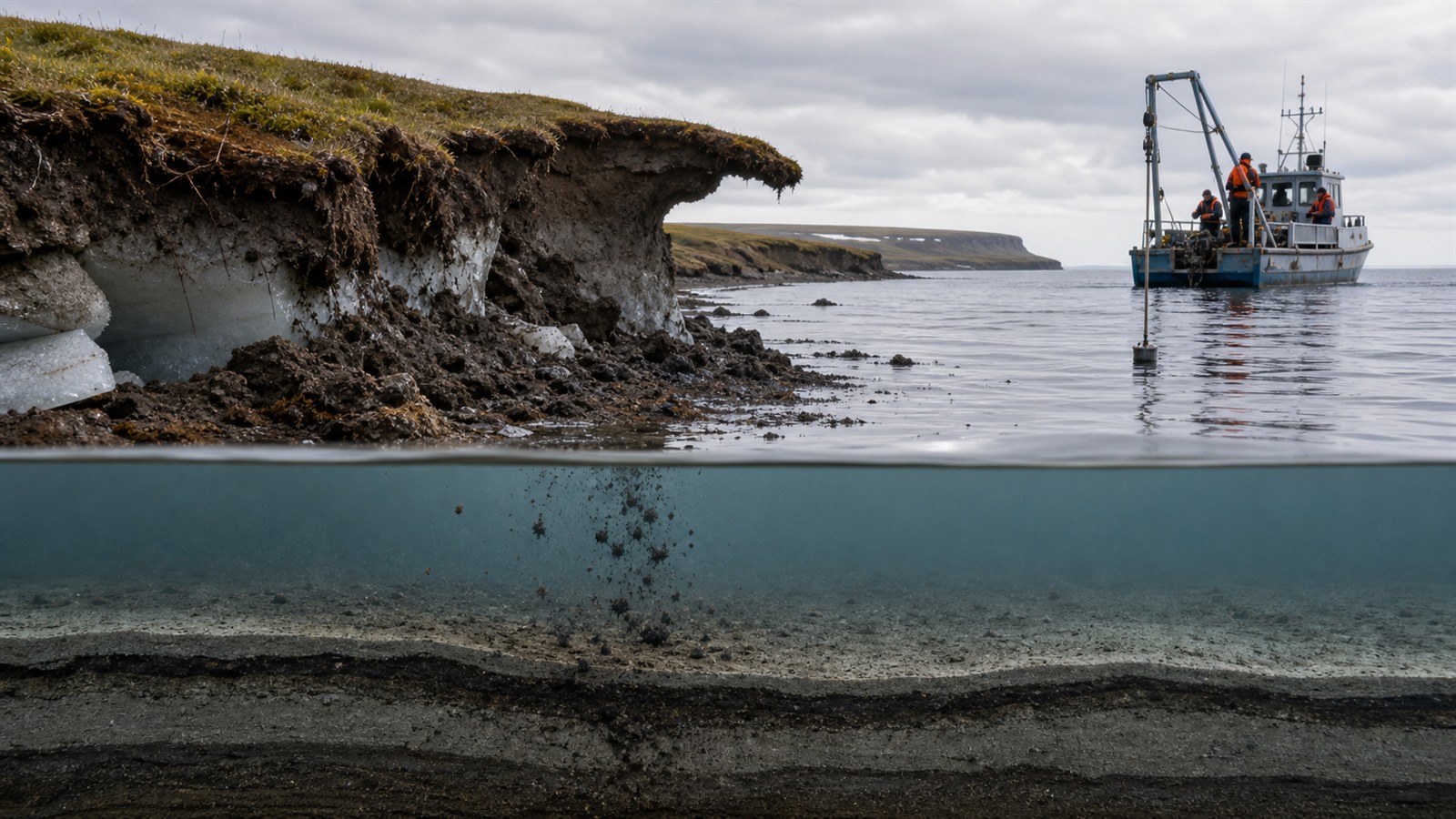 Researchers core seabed sediment beside an eroding Arctic permafrost coast as organic material settles into marine layers.