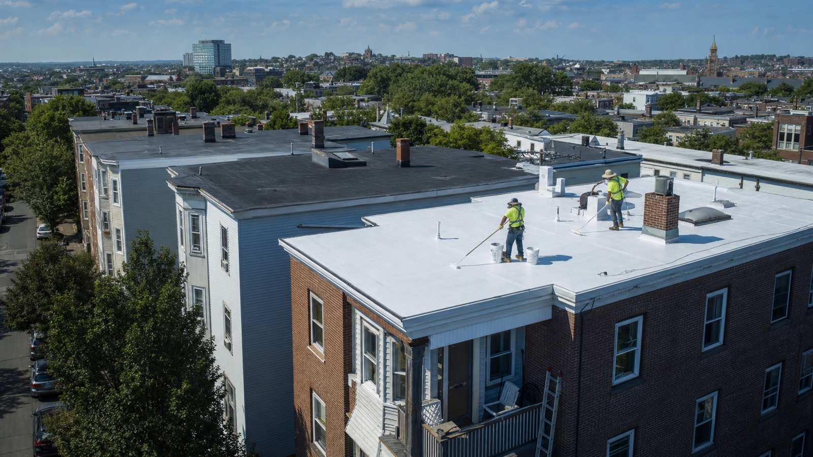 Roofers apply a reflective white cool-roof coating to an older Boston residential building on a hot summer day.