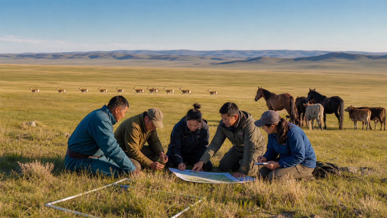 Mongolian pastoralists and conservation scientists assess rangeland vegetation while gazelles cross the open grassland behind them.