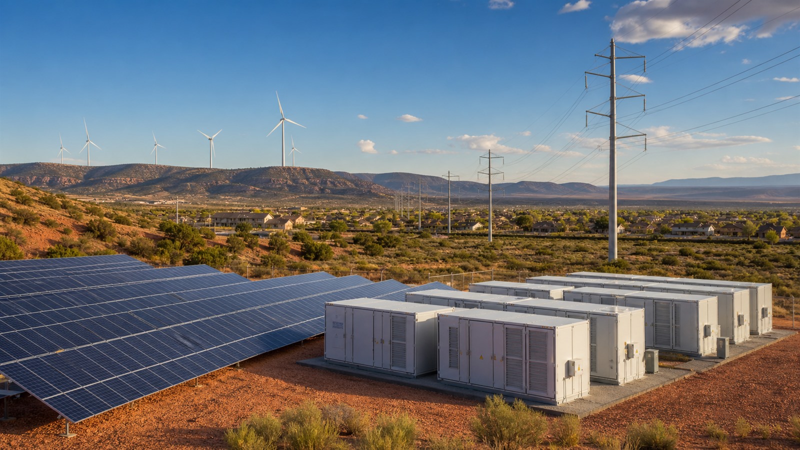Solar panels, battery storage, wind turbines, and transmission lines serve a New Mexico high-desert community.