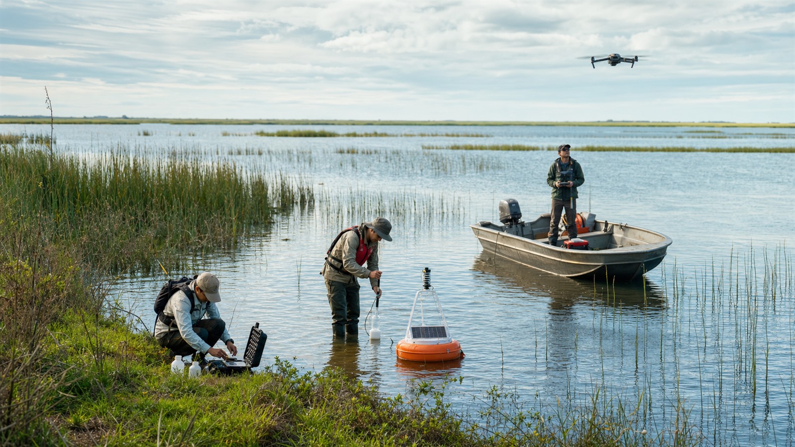 Freshwater researchers deploy a sensor buoy, collect samples, and map a shallow coastal lake in southern South America.