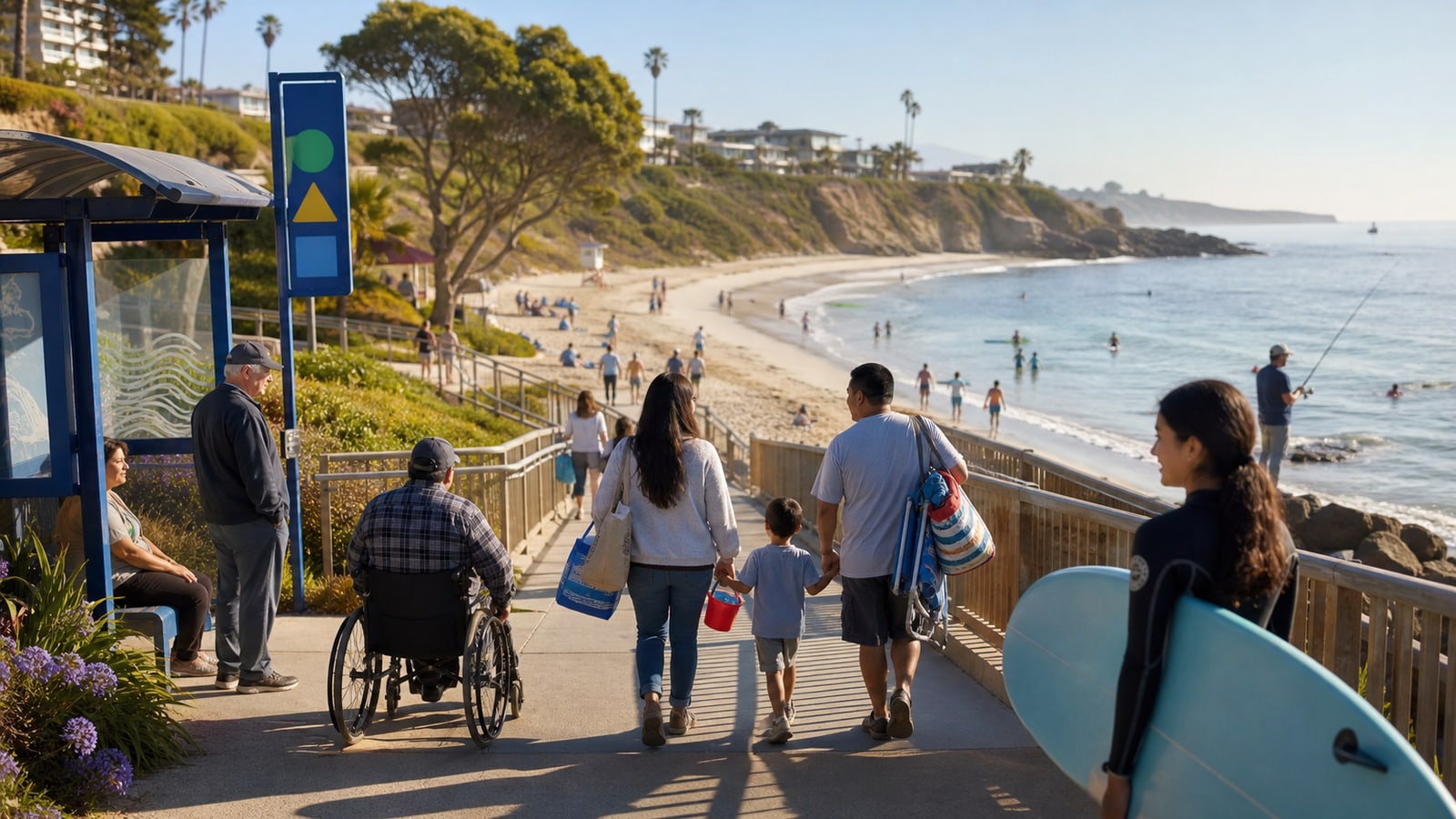 A diverse group of Californians uses an accessible public path leading to a sunny community beach.