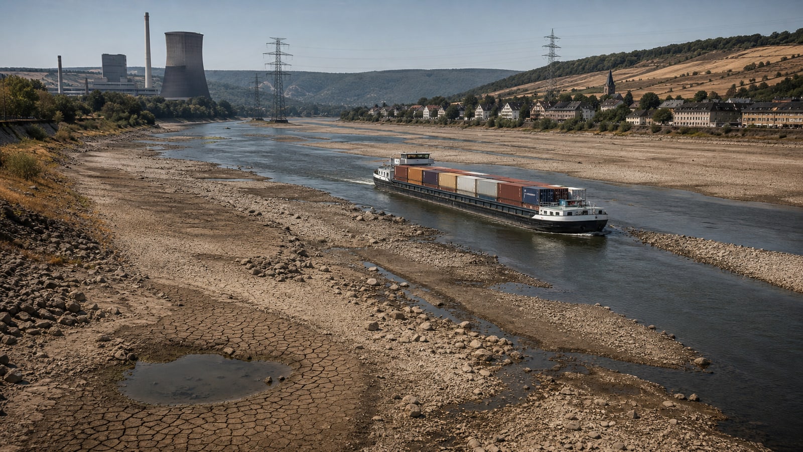 A cargo barge navigates a narrow European river channel between broad exposed banks during severe drought.