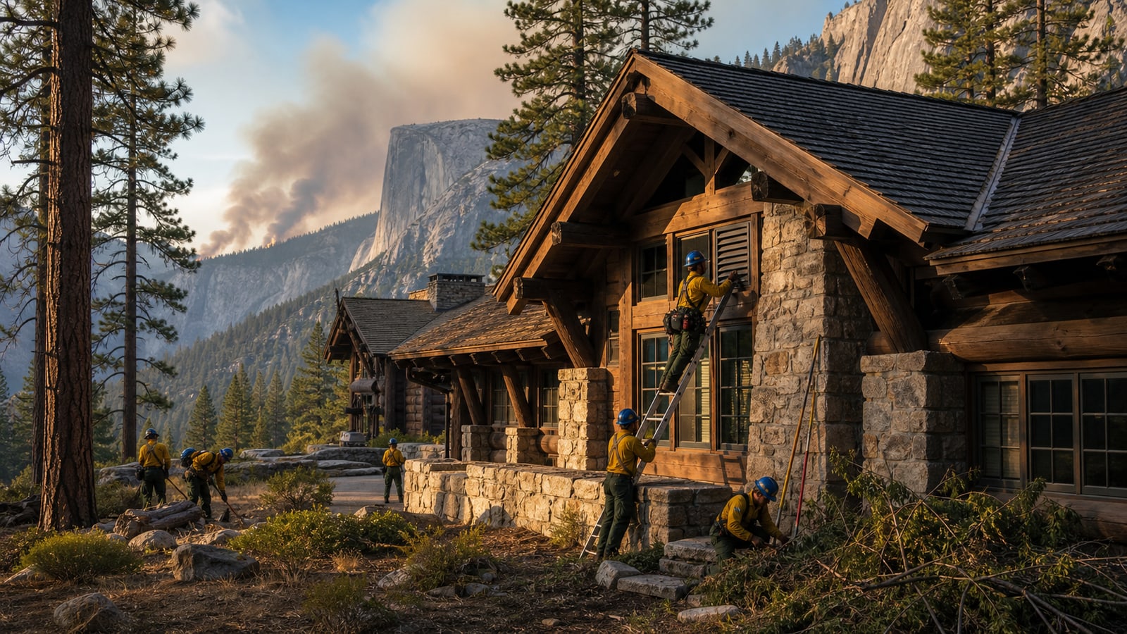 Fire crews clear brush and improve ember protection around a historic lodge in a western national park.