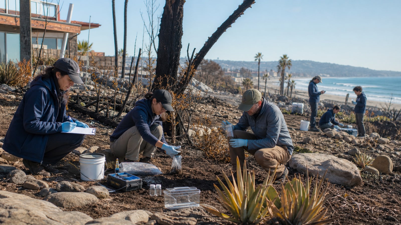 Researchers and residents collect soil and coastal-water samples in a Southern California community recovering from wildfire.