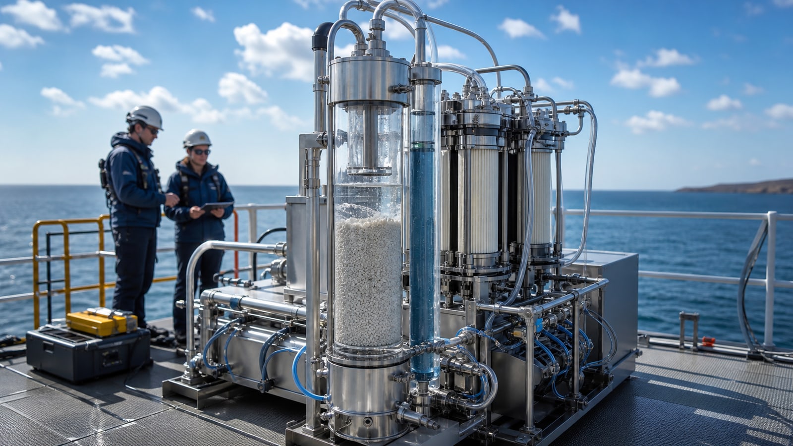 Researchers operate a compact stainless-steel marine carbon-removal prototype on a coastal test platform.
