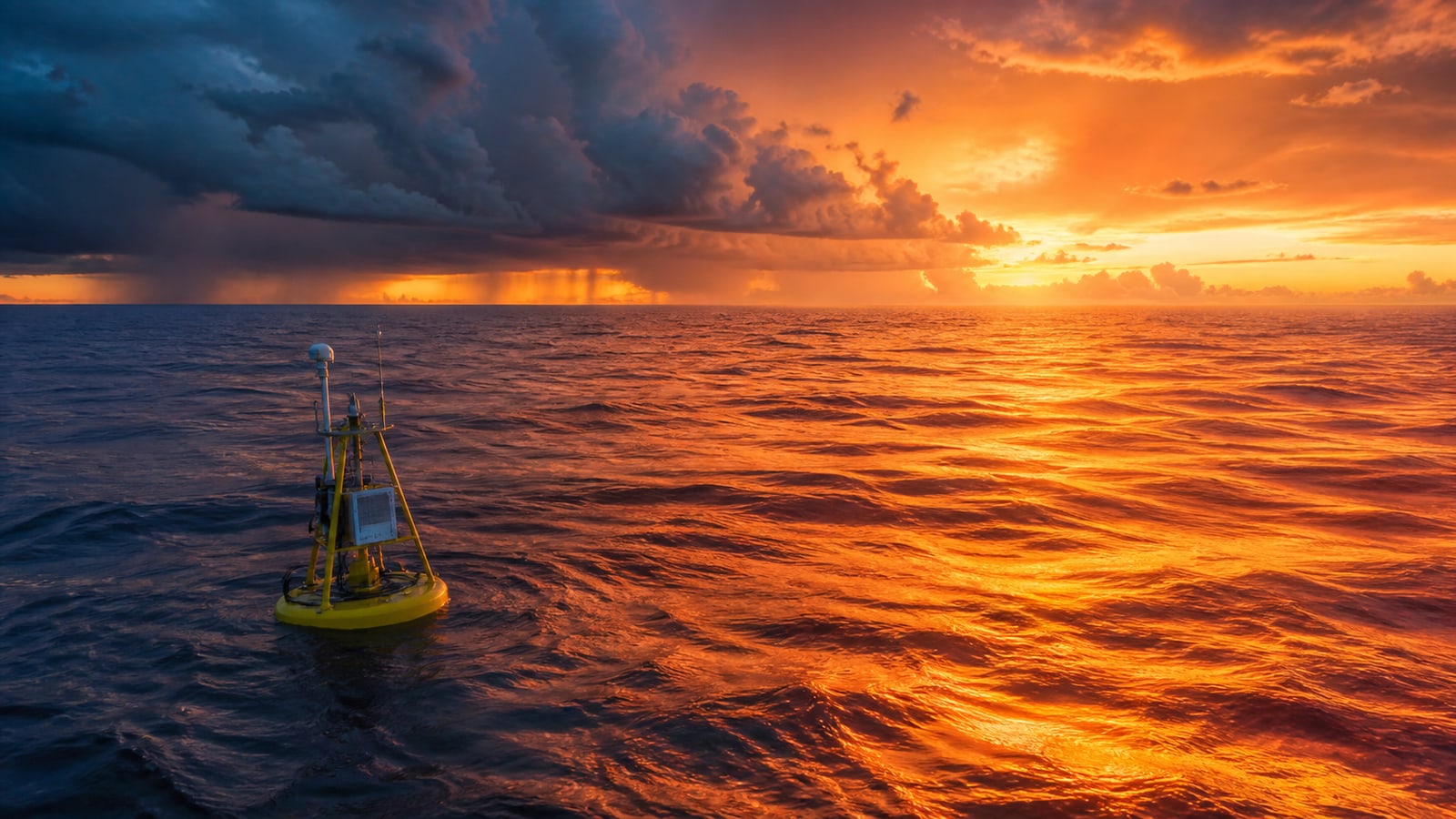 Exceptionally warm tropical Pacific water glows beneath gathering storm clouds near an ocean observation buoy.