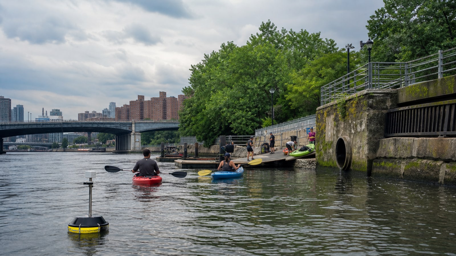 Kayakers use a New York City waterway near stormwater outfalls and a floating water-quality sensor after rain.