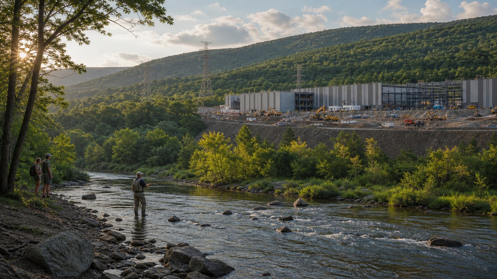 A data-center construction site rises beyond a forested Pocono stream used for fishing and recreation.