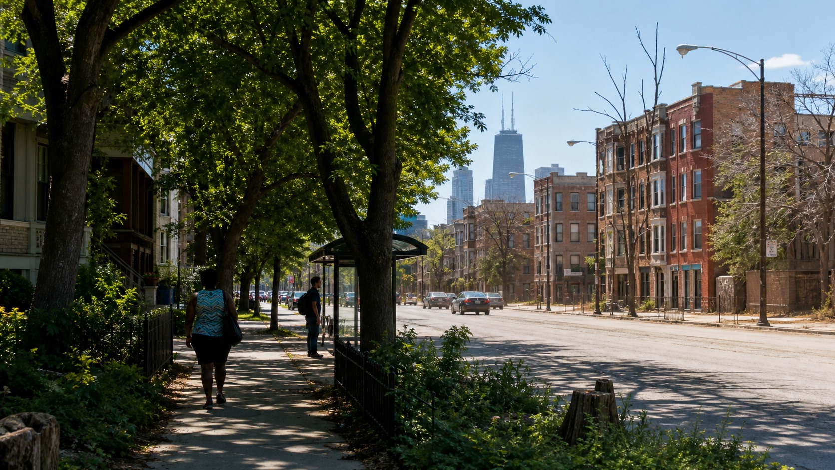 A Chicago street transitions from mature shade trees to a hotter block with sparse and damaged canopy.