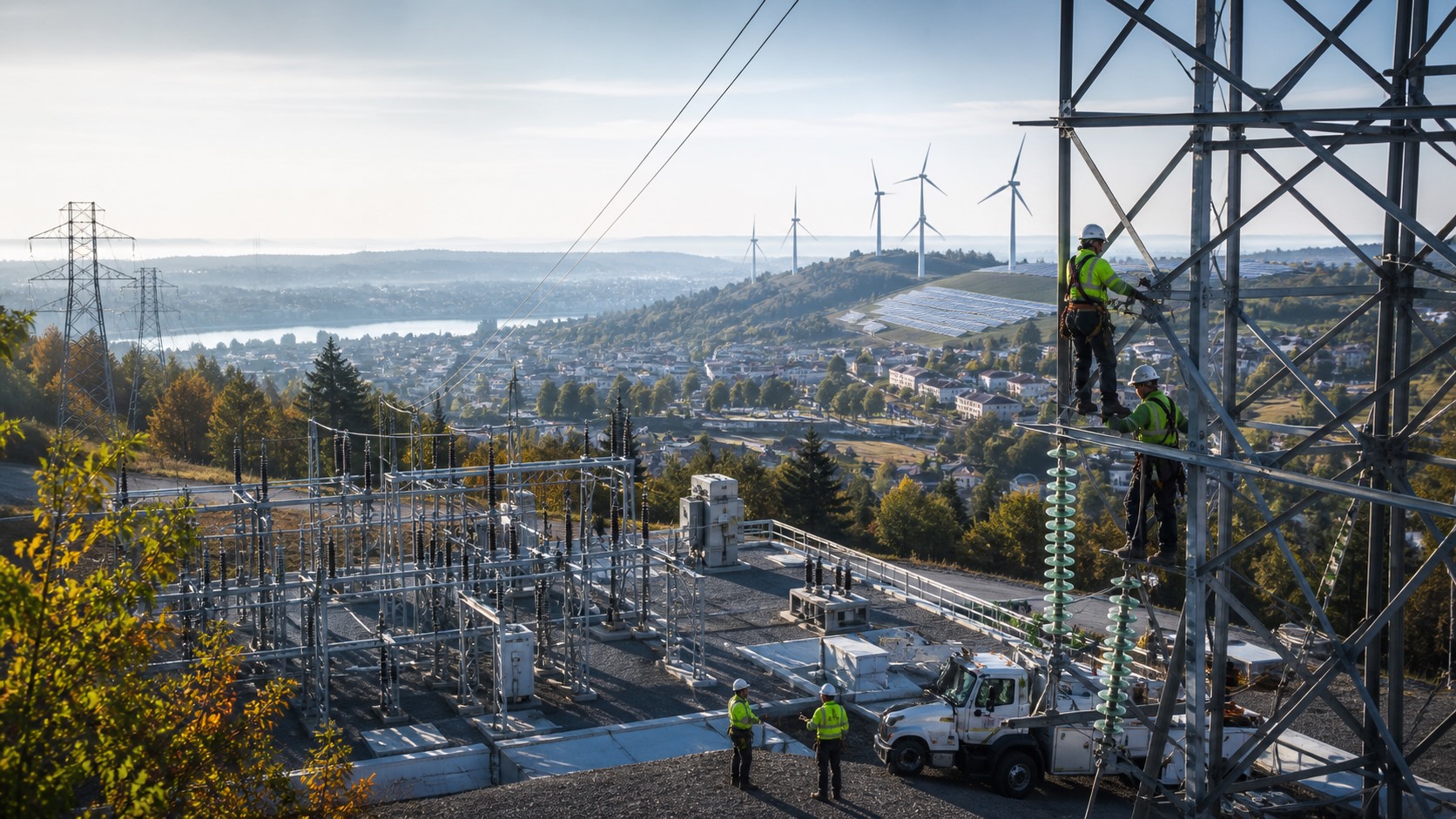 Utility crews upgrade a transmission tower and substation serving a town and nearby renewable-energy facilities.