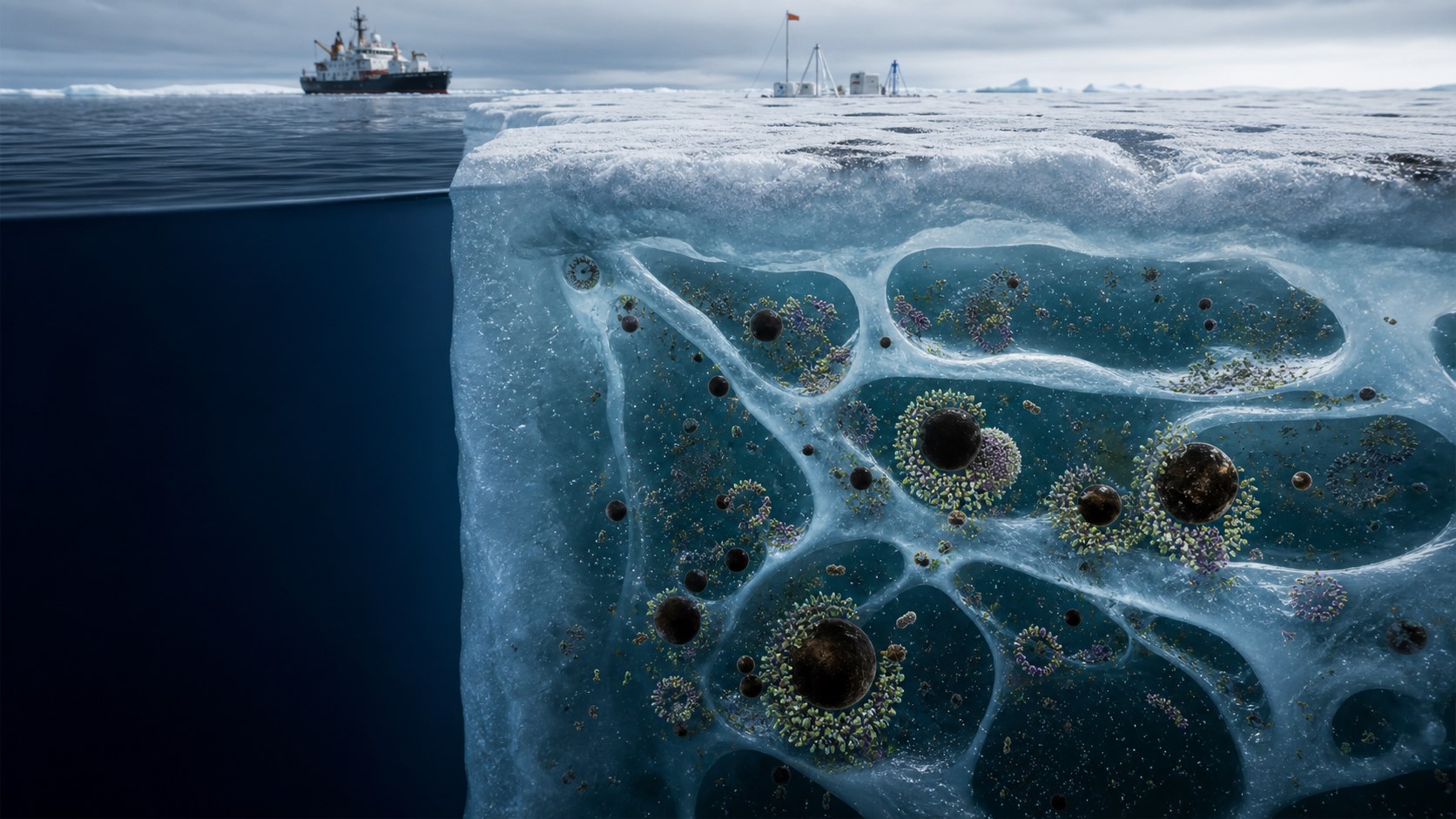 Oil droplets and microbial communities occupy narrow brine channels within Arctic sea ice beneath a research vessel.