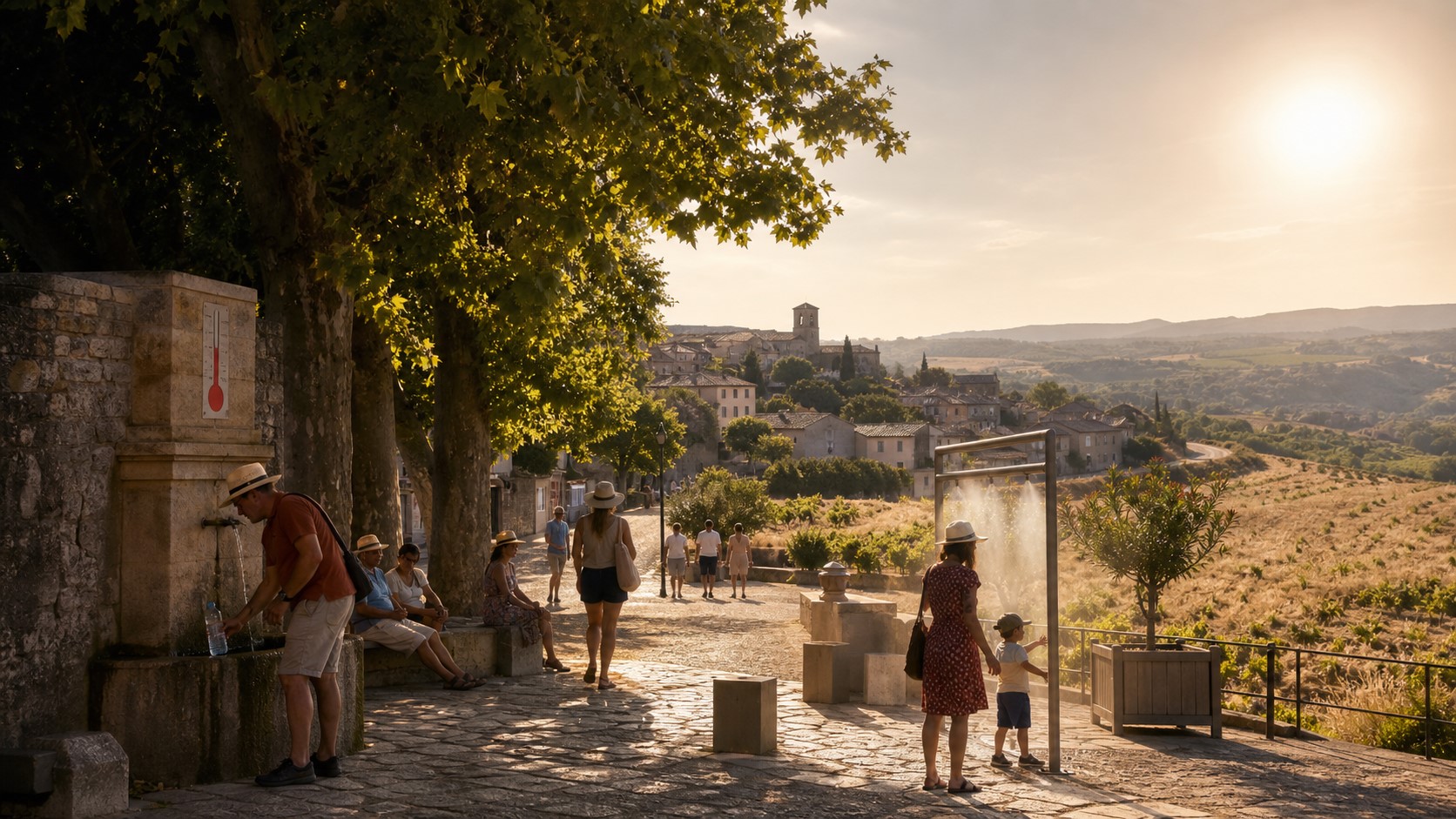 Residents seek shade and water in a French town overlooking a parched landscape during a prolonged heatwave.