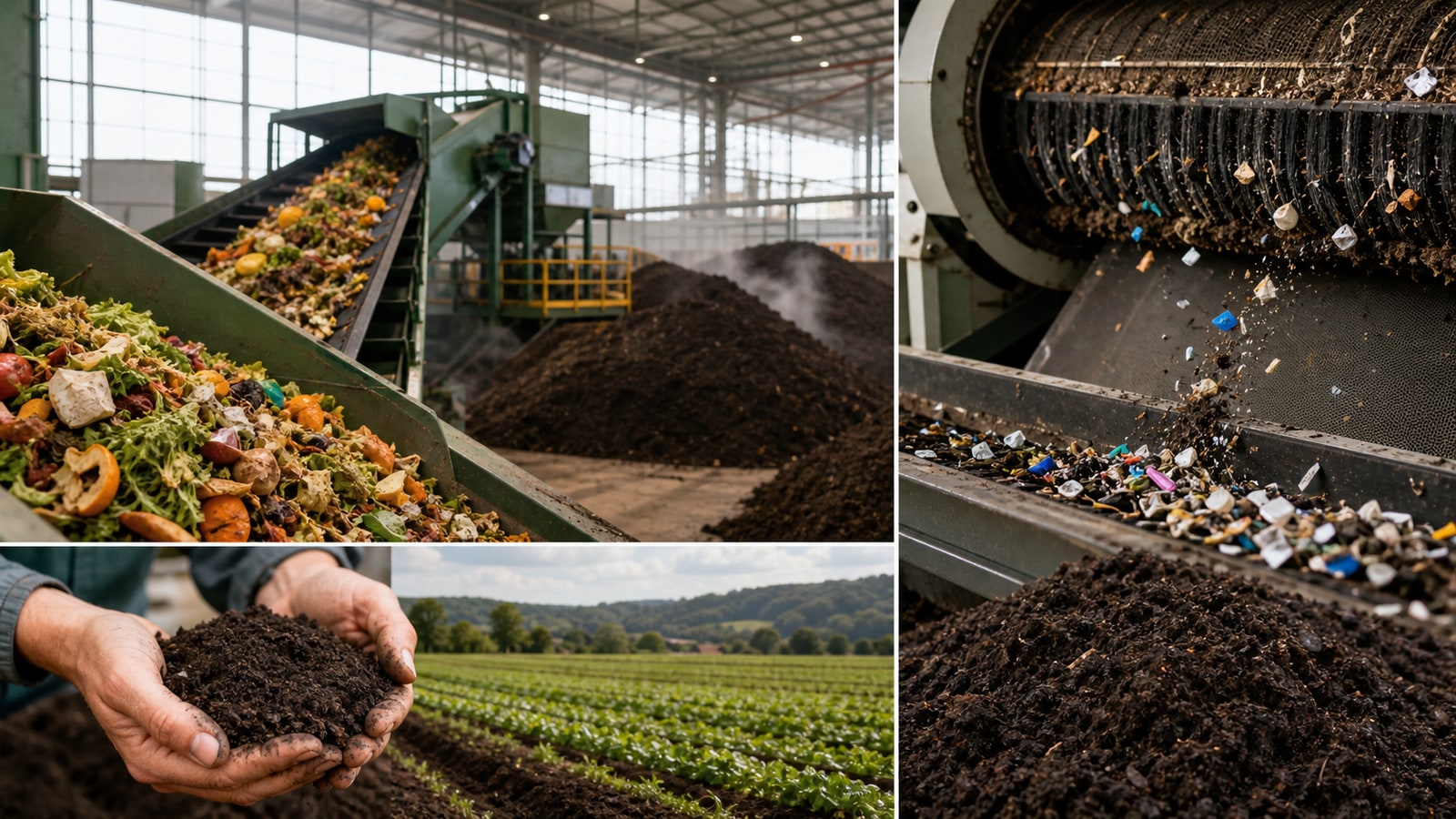 A food-waste recycling facility produces compost while sorting stray plastic fragments from the organics stream.