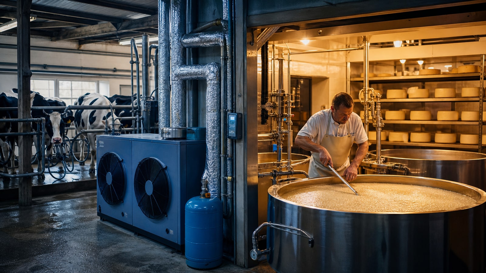 Heat-recovery equipment links a dairy milking parlor with a warm cheese-making room.