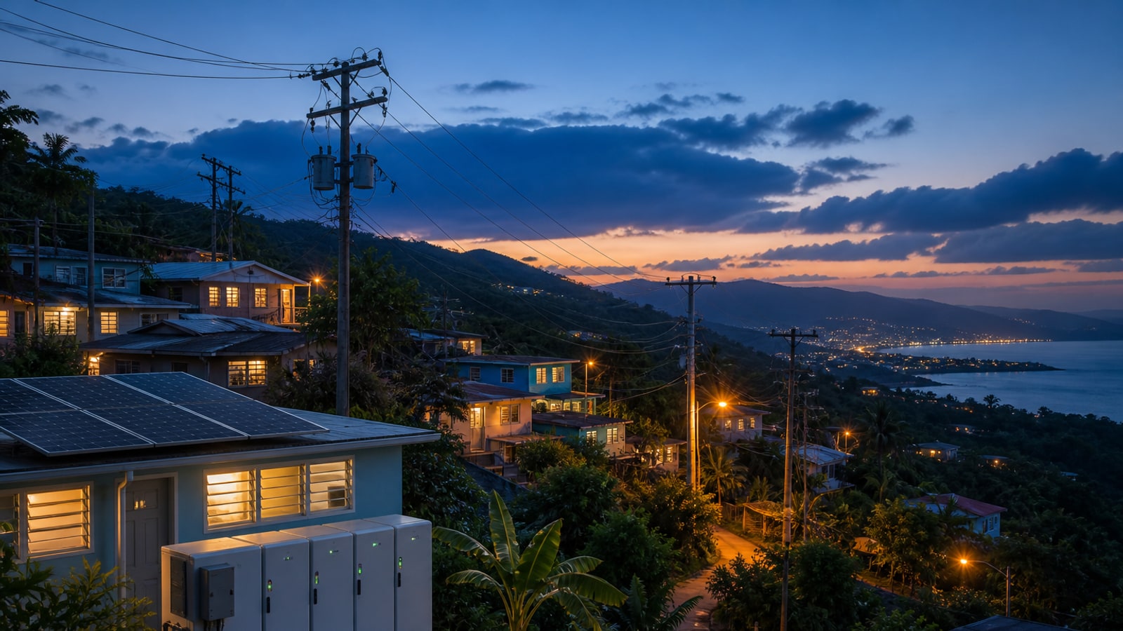 A Puerto Rico hillside community uses rooftop solar and batteries alongside an aging distribution grid at dusk.