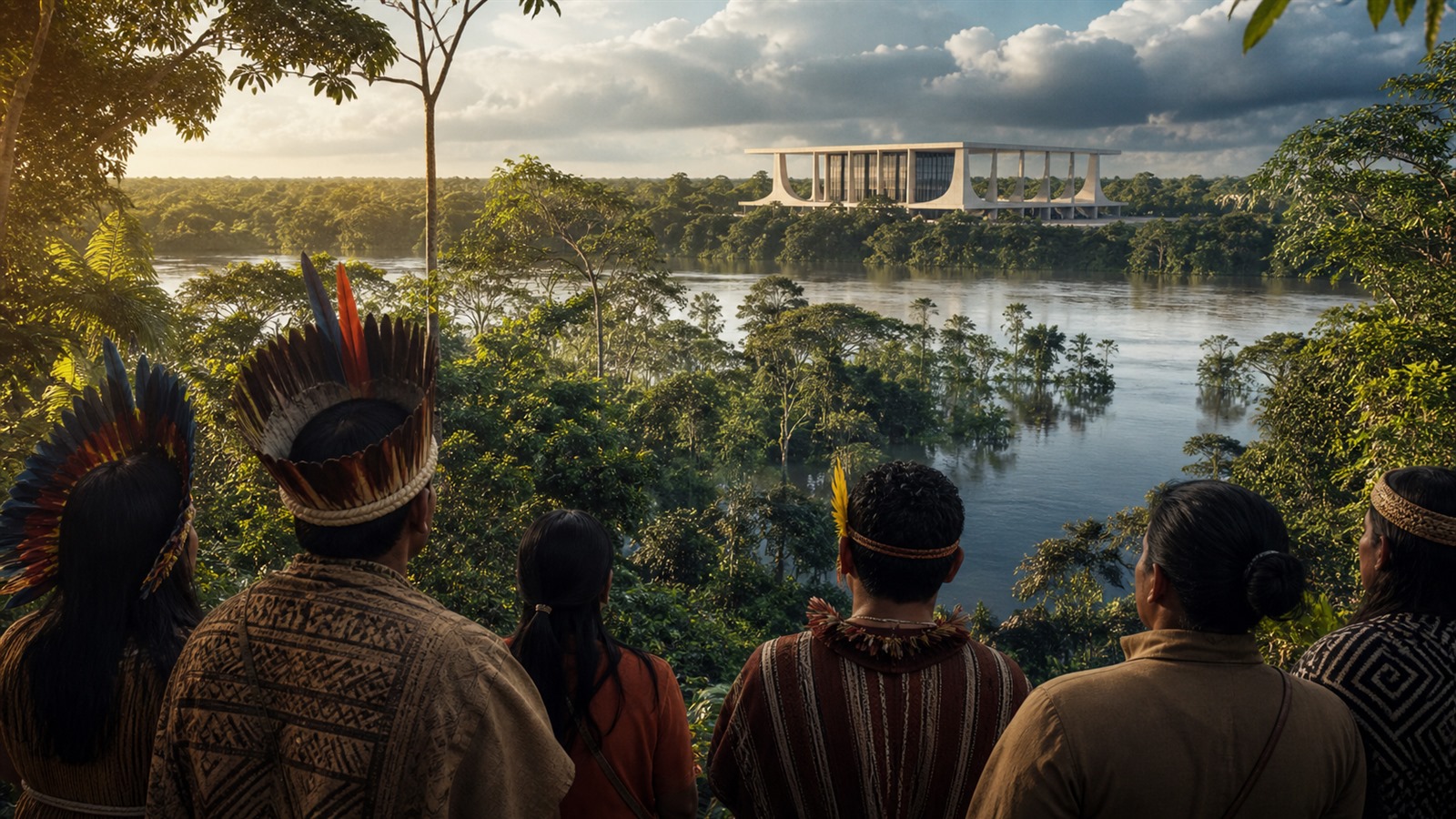 The Brazilian Supreme Court rises beyond a broad view of the Amazon rainforest and a river corridor.