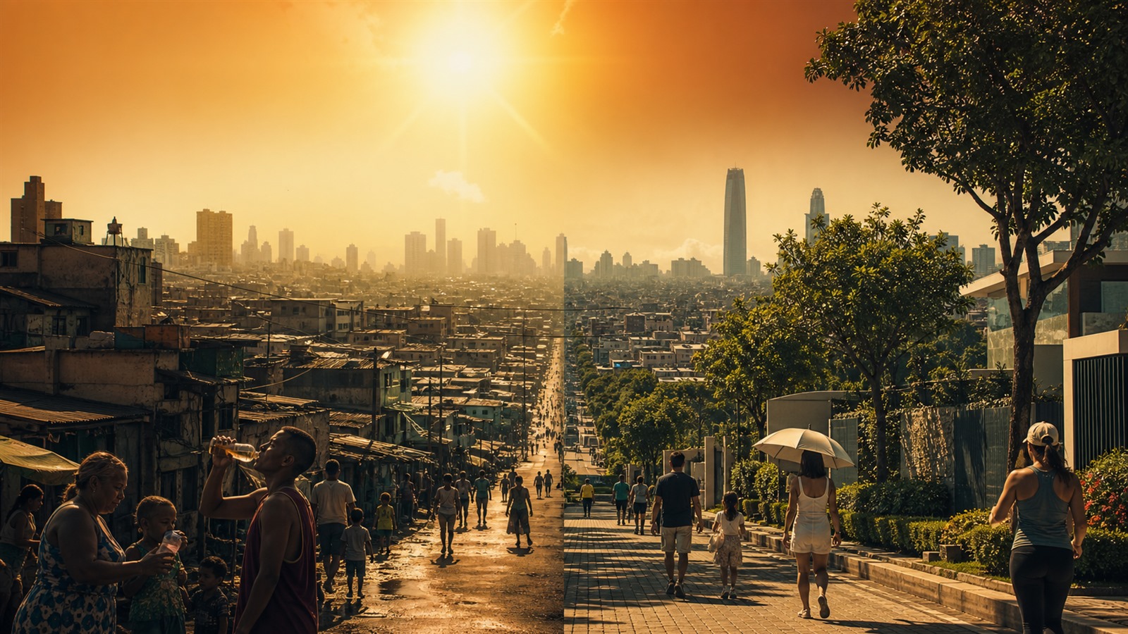 A dense city swelters through an intense afternoon as workers and families seek shade and water.