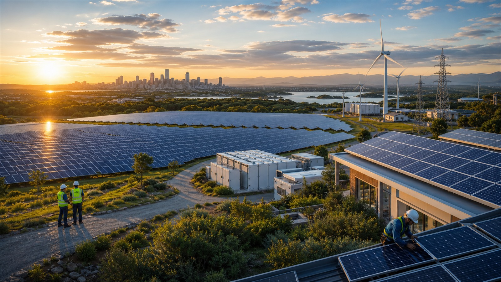A large photovoltaic array catches warm sunlight beside a modern city and high-voltage transmission lines.