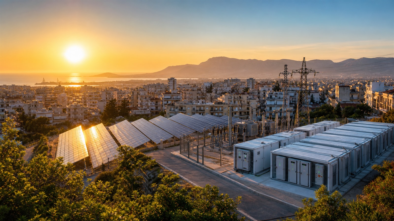 Solar panels and battery storage support a European city during an intense summer heat wave.