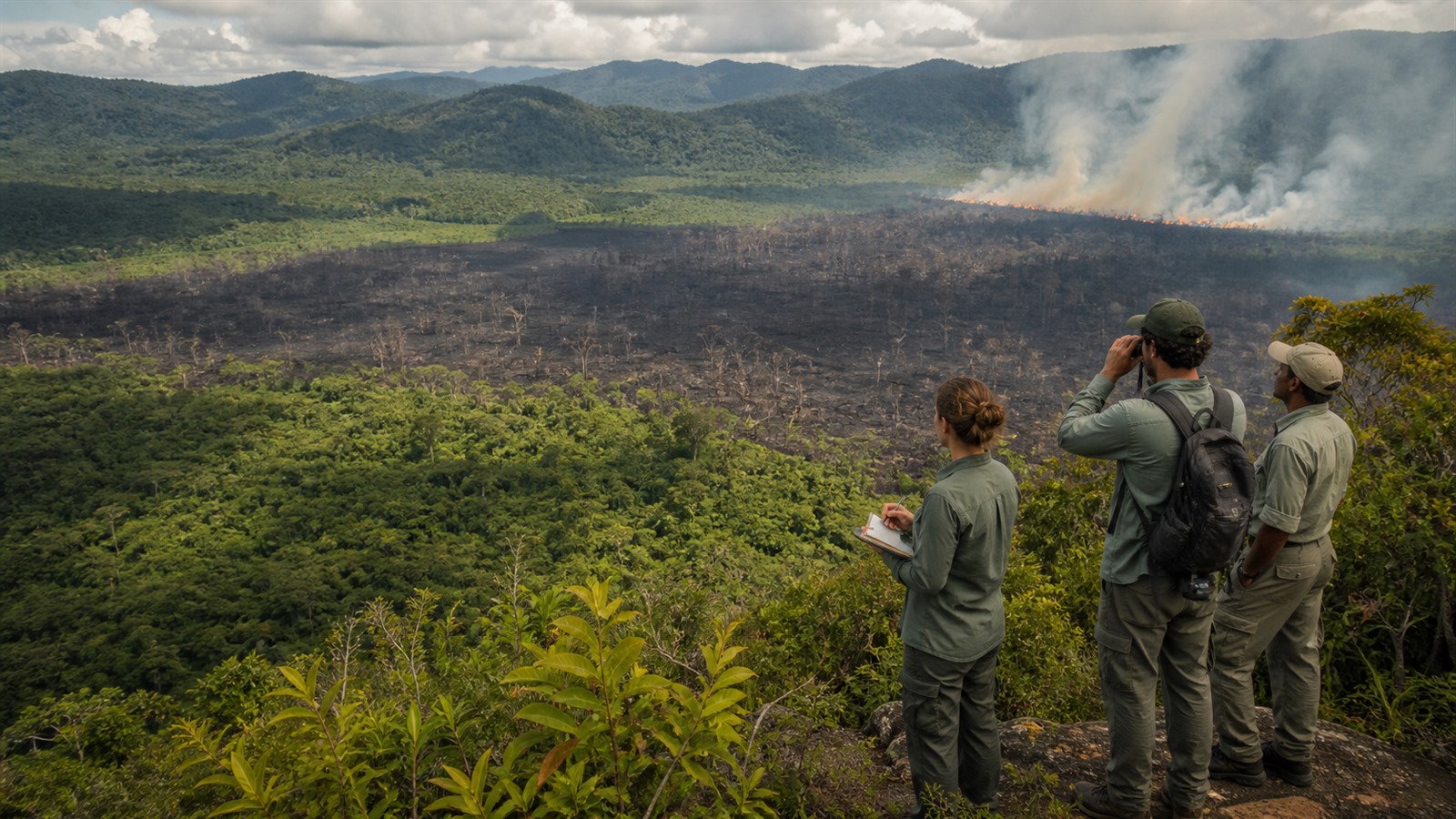 Field scientists observe a stand-replacing burn scar within a protected tropical forest landscape.