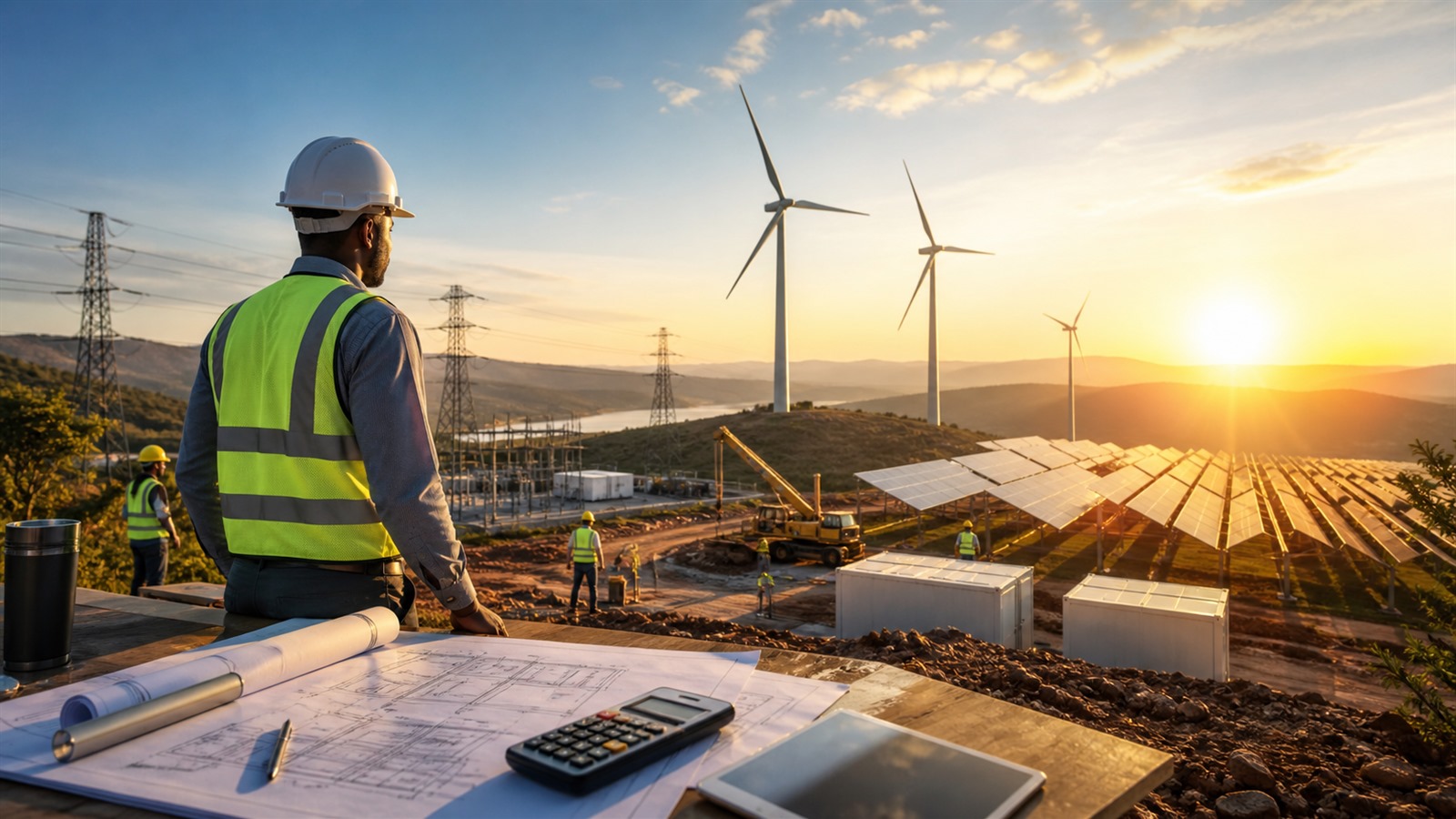 Engineers plan a solar, wind, storage, and transmission project while reviewing capital costs.