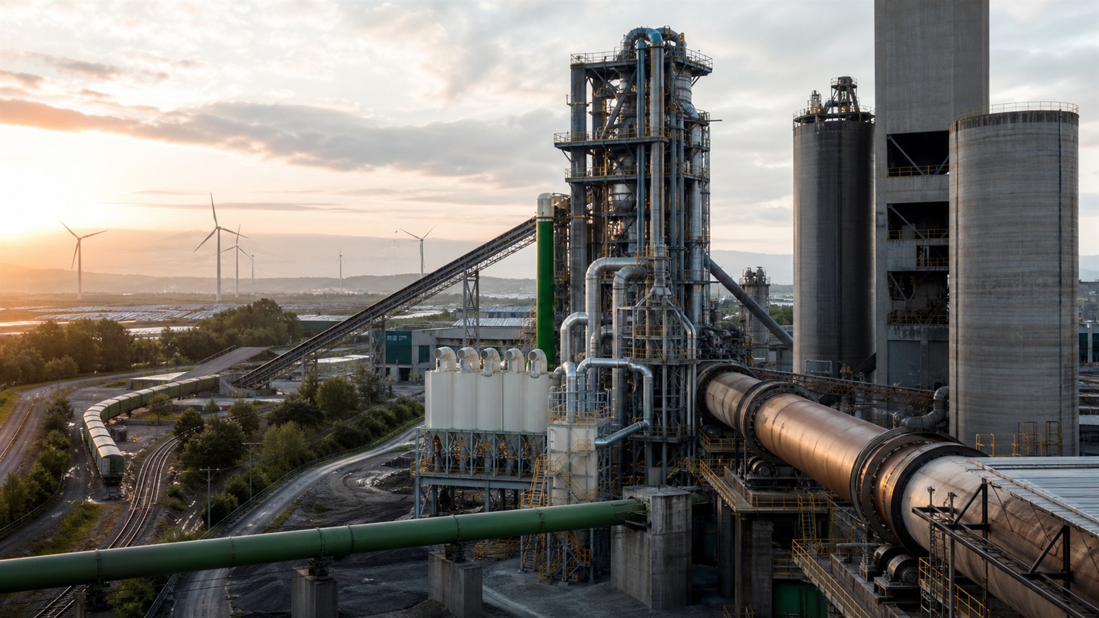 A modern cement plant integrates carbon-capture equipment, rail, and renewable electricity infrastructure.