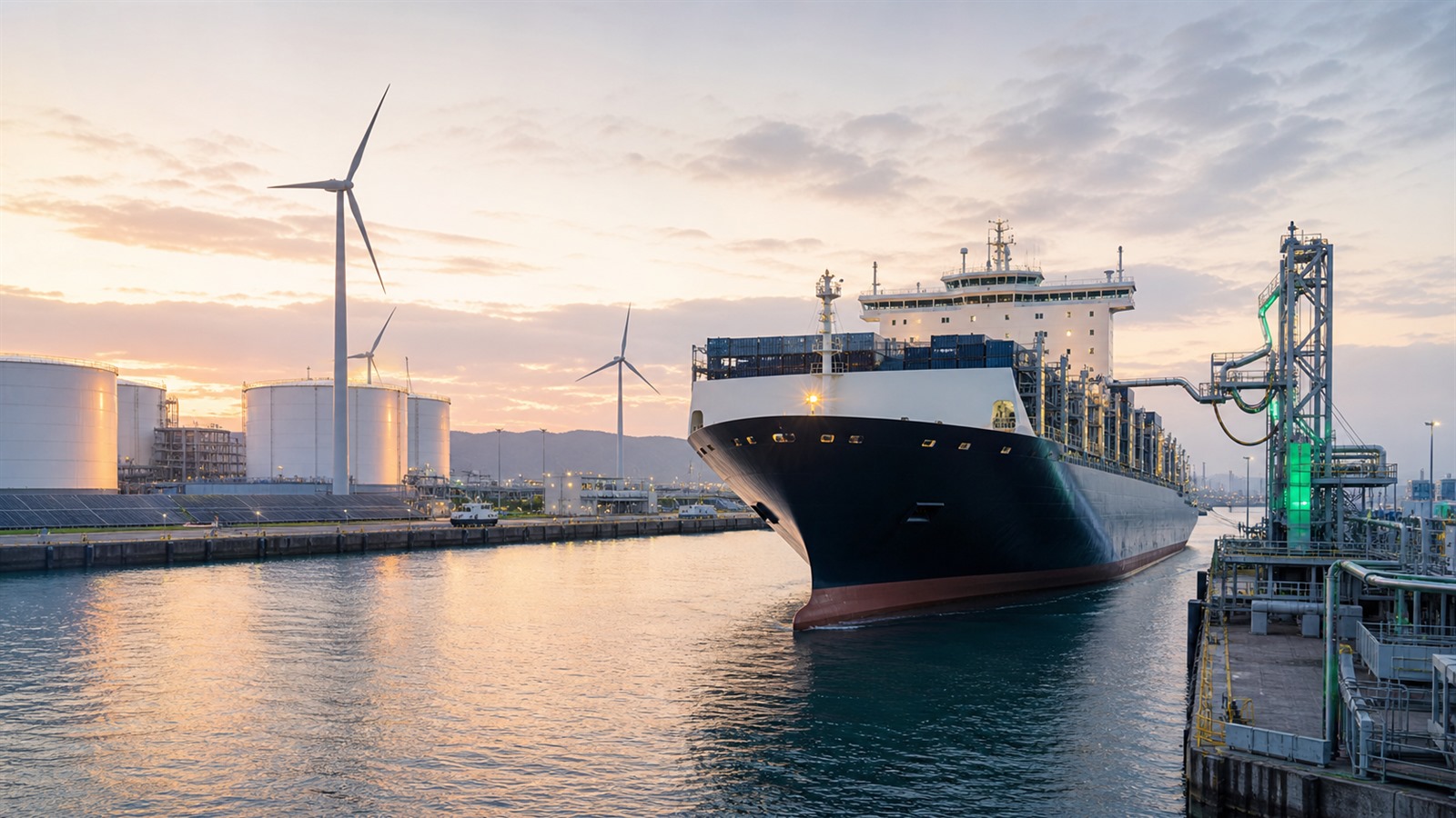 A cargo ship approaches a modern port with renewable power and future-fuel infrastructure at dawn.