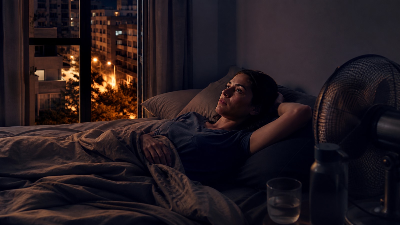 An adult struggles to sleep in a warm city apartment during a humid summer night.