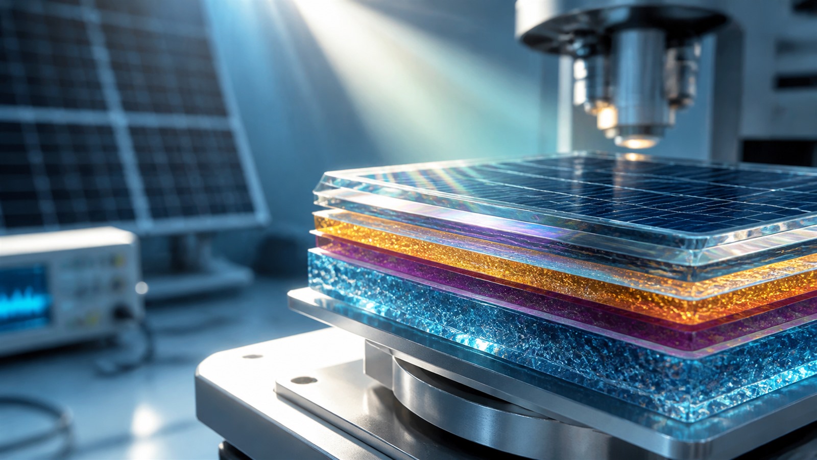 A layered triple-junction solar-cell sample is tested under precision laboratory illumination.