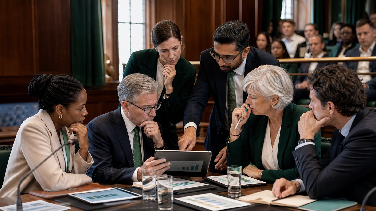 A fictional parliamentary committee reviews climate-policy polling in a wood-paneled chamber.