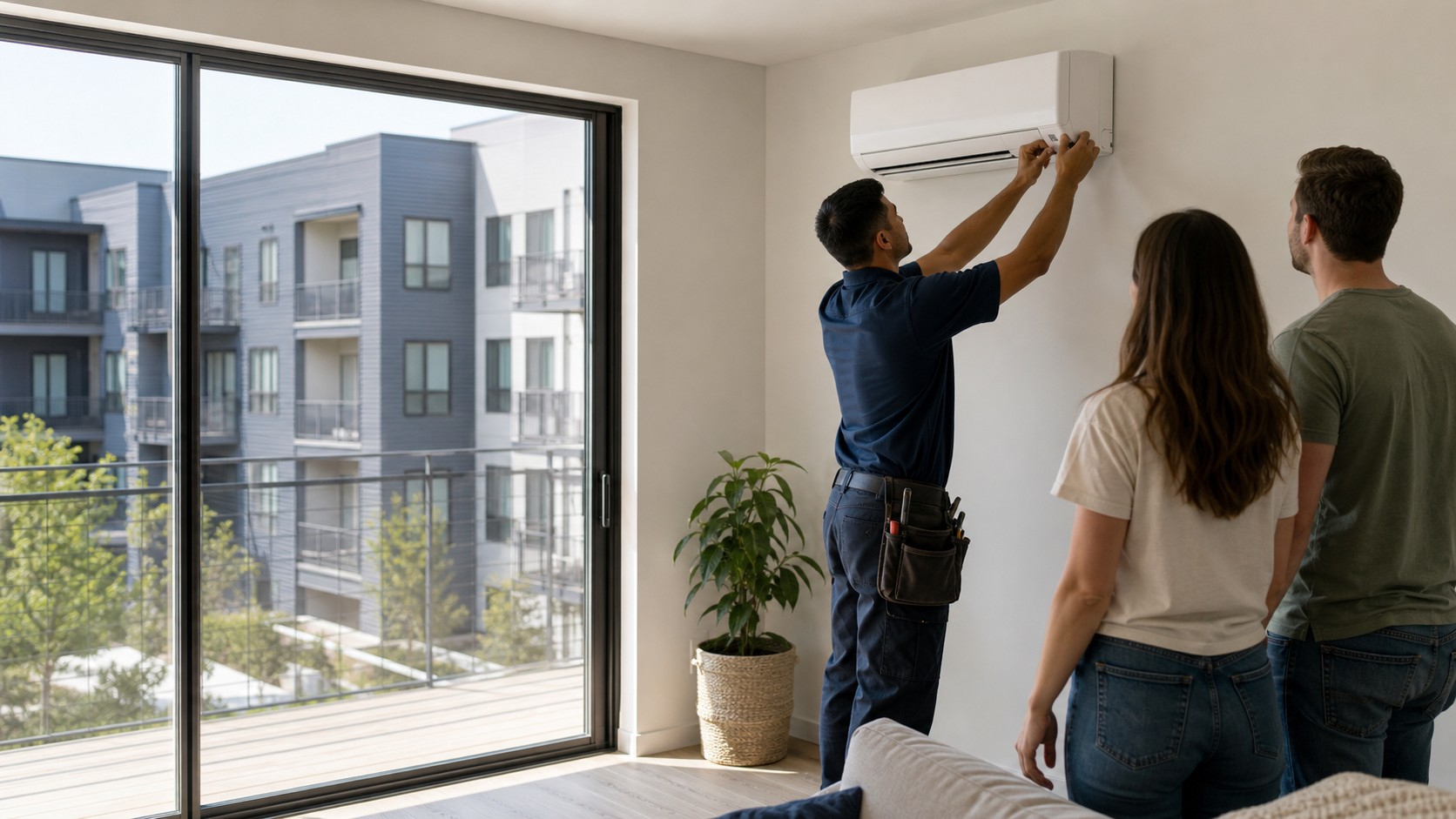 Technicians installing efficient electric heat-pump equipment in a newly built apartment.