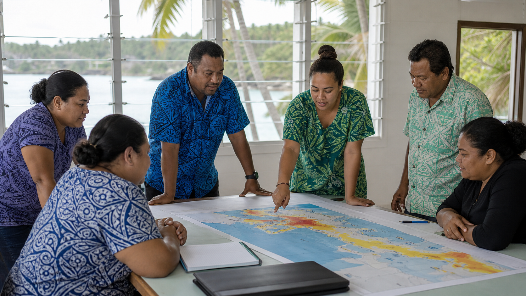 Niue community and government representatives reviewing a seasonal climate map together.