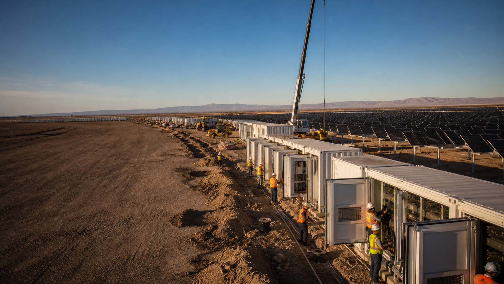 Utility-scale solar arrays, battery containers, transmission lines, and workers at a clean-power construction site.