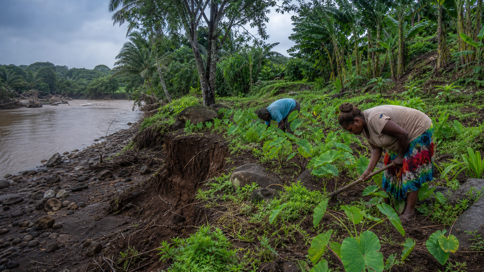 Farmers tending taro and other crops beside an eroded riverbank in Vanuatu after heavy rain.