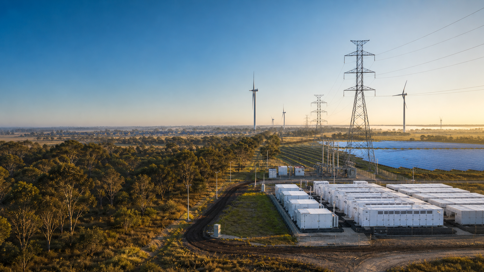 Illustration of solar arrays, battery storage, wind turbines, and transmission lines across a broad landscape.