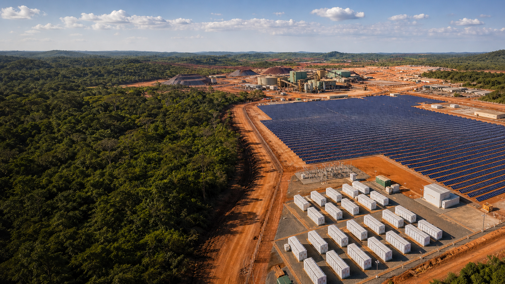 Illustration of a large solar field and battery containers beside a copper-mining complex in a green landscape.